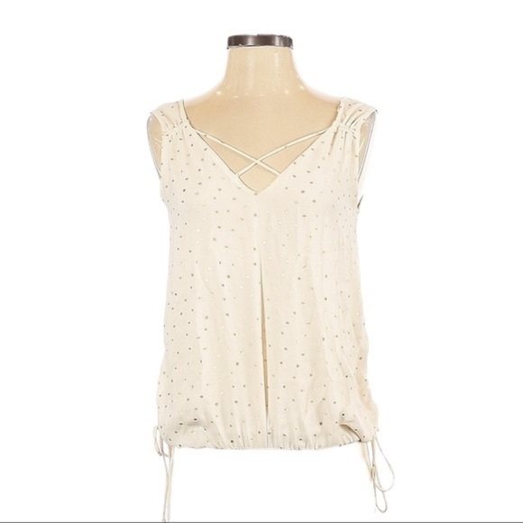 🌺 Zara Lurex Gold Polka Dot Ivory V-Neck Sleeveless Ruched Blouse Size XS - Picture 1 of 10